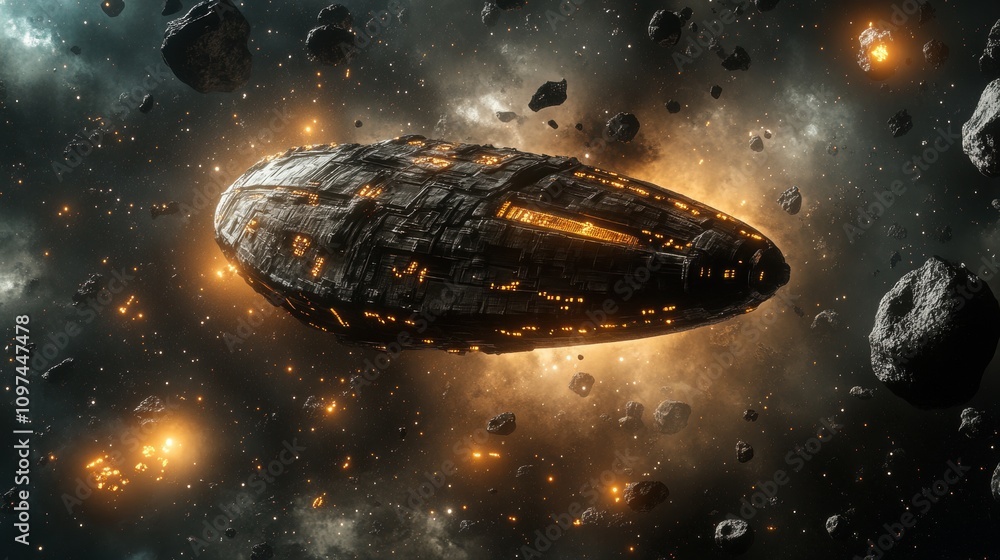 Poster futuristic alien spaceship navigating asteroid field dramatic 3d render of sci-fi starship amidst gl