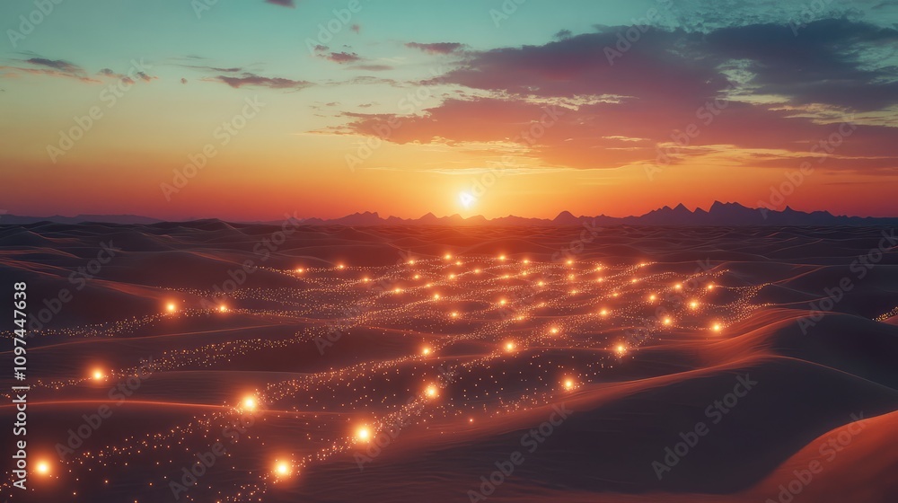Poster sunset over a desert landscape with data points glowing softly in the sand, adding mystery to the sc