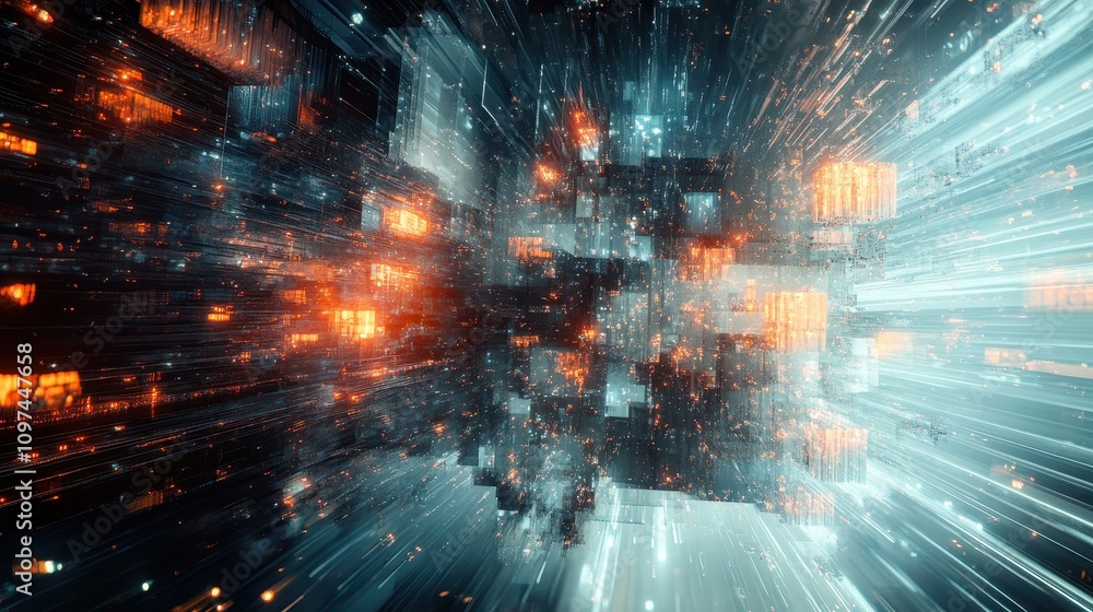 Poster abstract futuristic cityscape glowing blocks and light trails in a dynamic digital metropolis