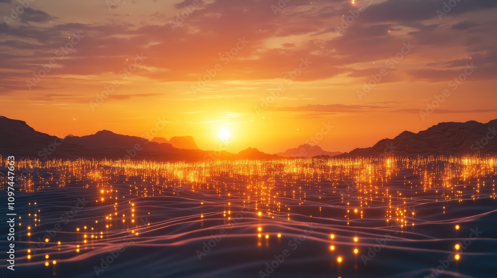 Poster sunset over a desert landscape with data points glowing softly in the sand, adding mystery to the sc