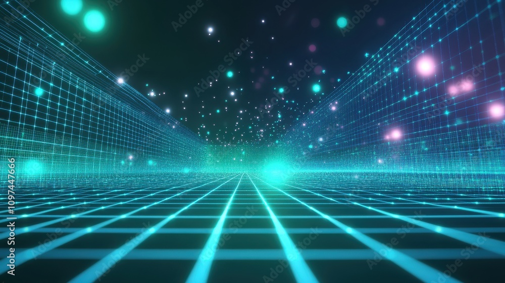 Aufkleber abstract futuristic cyberspace grid glowing teal network lines, digital data flow, and sparkling par