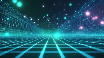 Abstract Futuristic Cyberspace Grid Glowing Teal Network Lines, Digital Data Flow, and Sparkling Particles Background