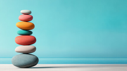 Emotional Balance. A stack of colorful stones balanced against a serene blue background, creating a calming and harmonious visual effect.
