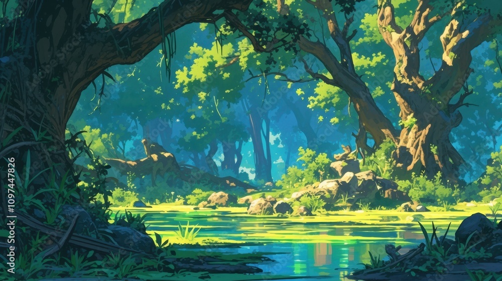 Poster trees and plants along the riverbanks appeared to sway and dance in a trancelike state as if under t