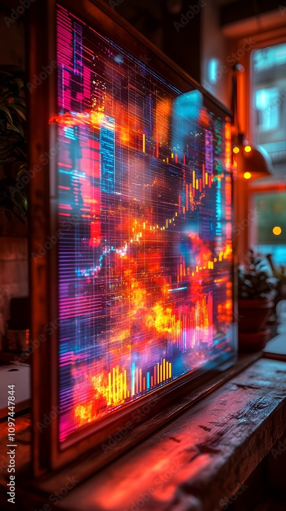 Poster a vibrant display of stock market data with colorful graphs and trends.