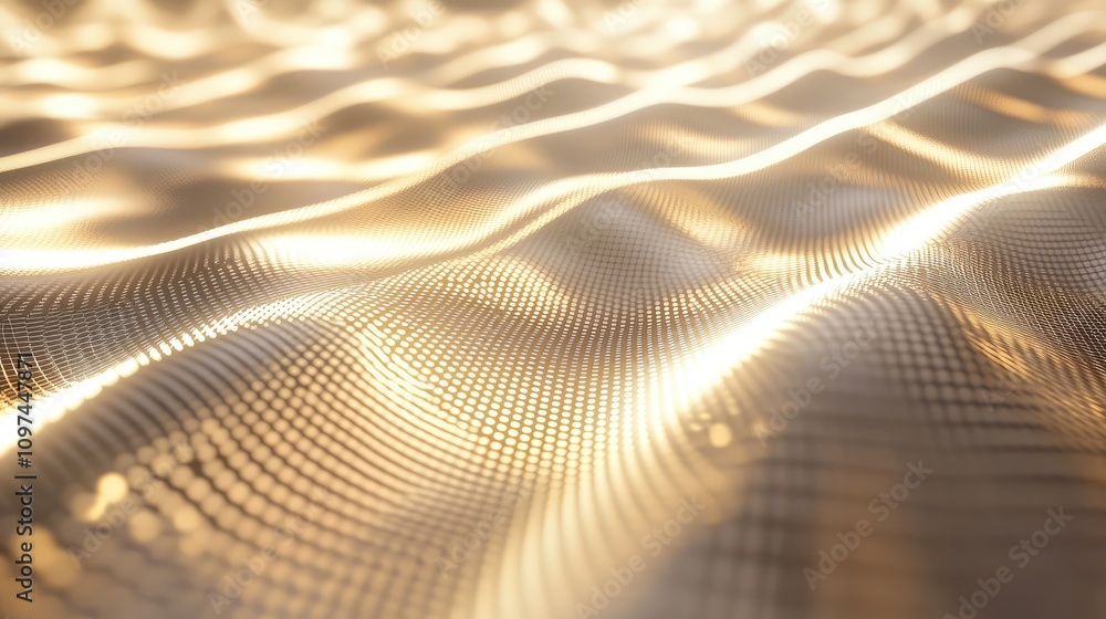 Poster symmetrical wireframe grid with light trails, creating a digital data network in metallic shades