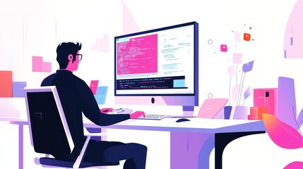 Programmer Coding at Desk, Modern Workplace, Digital Design, Software Development,  Creative Illustration