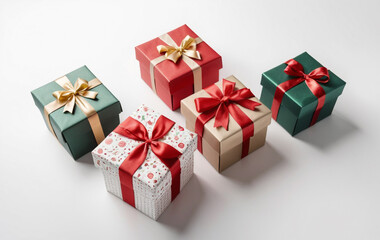 Fototapeta premium Christmas Gift Boxes Wrapped in Colorful Wrapping Papers on White Background, Christmas Holiday Festive concept.