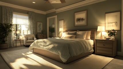 Serene Master Bedroom With Soft Lighting And Neutral Tones
