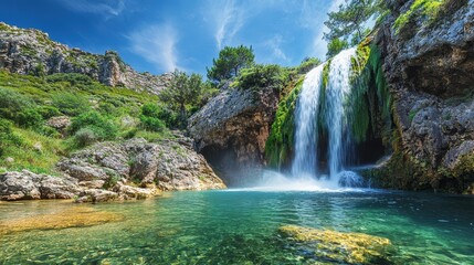 Fototapeta premium Stunning Waterfall Cascading into Crystal-Clear Pool in Serene Mountain Landscape - Idyllic Nature Scene