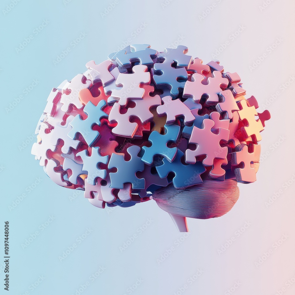 Poster 3d render of a human brain composed of interlocking puzzle pieces concept for problem solving, menta