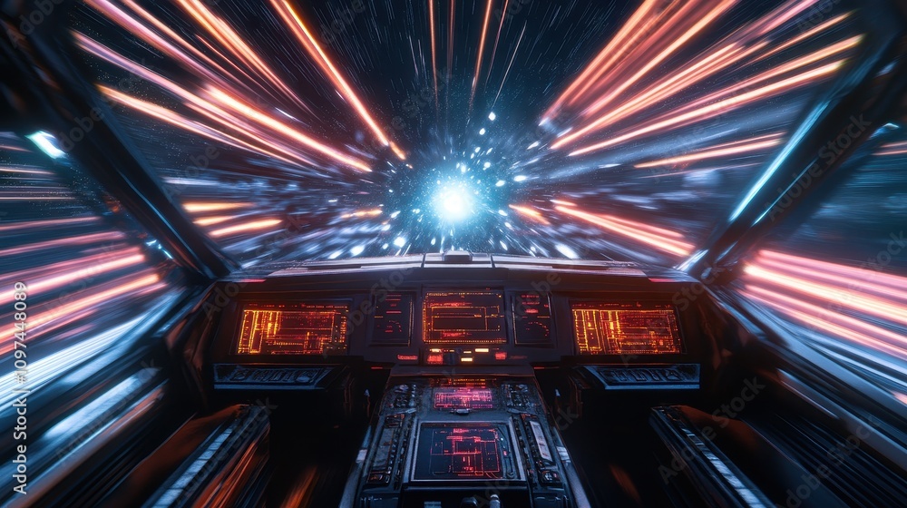 Poster futuristic spaceship cockpit view high-speed hyperspace travel through nebula with glowing light tra