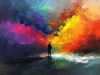 Obraz premium Abstract Painting of a Solitary Figure Contemplating a Vibrant, Multicolored Landscape - Digital Art, Modern Artwork