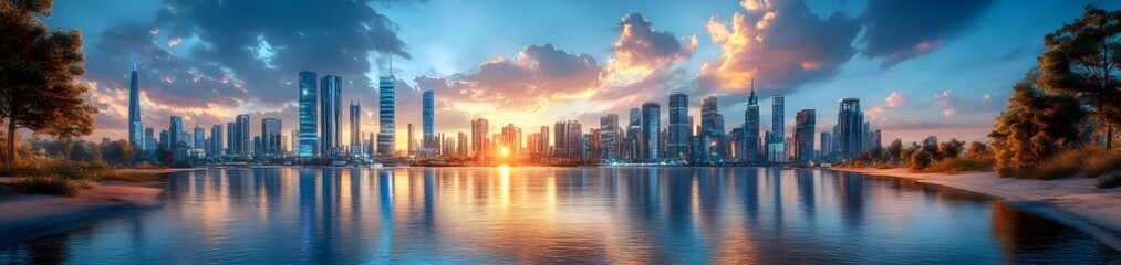 Fototapeta premium A vibrant sunset over a modern city skyline reflected in a tranquil water body.