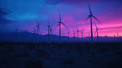 Obraz premium Majestic Wind Turbines Silhouetted Against a Vibrant Purple and Blue Sunset Landscape - Renewable Energy Power Generation