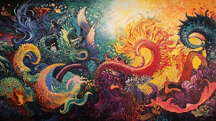Vibrant fantasy painting depicting mythical creatures, dragons, and aquatic life in a dynamic, colorful composition.