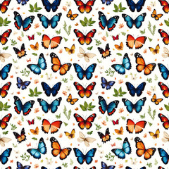 Obraz premium Vibrant Butterfly Seamless Pattern with Floral and Leaf Accents – Ideal for Textiles and Wallpapers