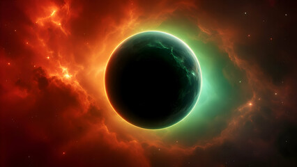 Naklejka premium Ethereal Alien Planet Surrounded by Cosmic Fire. A solitary, dark planet with a vibrant green aura, floating amidst a fiery, red nebula. The planet's surface is obscured, 