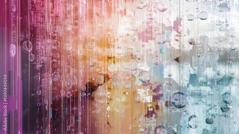 Poster translucent data lines falling in a layered composition, resembling rain showers against a tech-insp