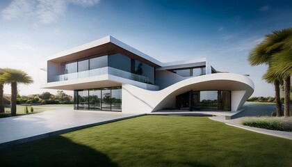 Ultra modern residential architecture with futuristic accents; futuristic home design with large windows and linear lines and shapes; home architecture and design; home photography; future and modern