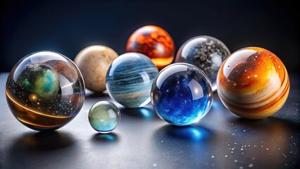 Assorted crystal balls resembling planets in the solar system, crystal balls, planets, solar system, colorful