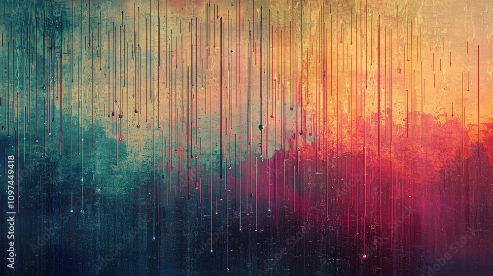 Poster translucent data lines falling in a layered composition, resembling rain showers against a tech-insp