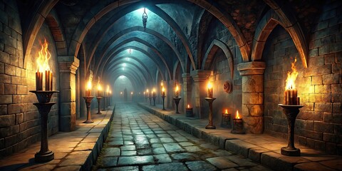 Obraz premium Scary endless medieval catacombs with torches. Mystical nightmare concept. Rendering, catacombs, medieval, spooky, torches