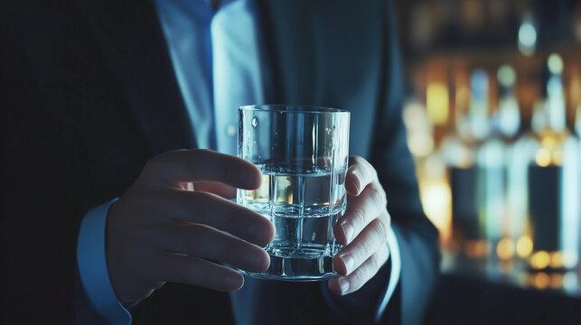 Man in suit holding glass of water, symbolizing sobriety and alcohol safety, amidst bar counter with empty alcohol bottles.
