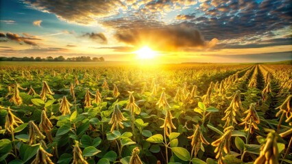 Golden Soybean Field at Sunset Rows of Ripe Plants Basking in the Warm Light of the Evening Sun