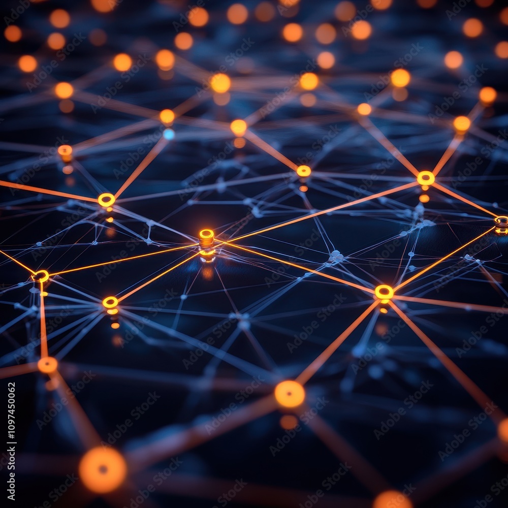 Poster abstract network connection glowing nodes and lines in a complex digital structure - technology back