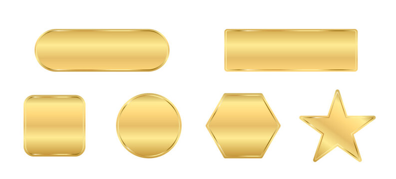 Gold buttons badges different shapes set. Golden blank banners, icons, emblems design vector illustration. Glossy square, triangle, rectangle, star, polygon ,circle signs with frames on white