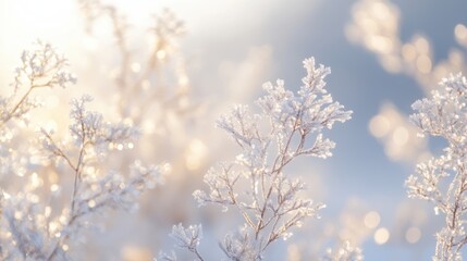 Fototapeta premium 植物叶子雾凇寒冷冬天雪景暖阳