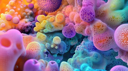 Obraz premium Vibrant data clusters with cellular-like forms under a virtual microscope, mixing biology with abstract data patterns