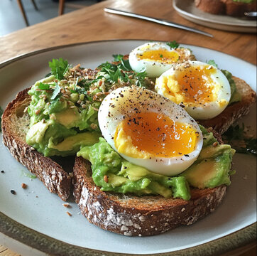 photo of a served plate on the table, featuring a breakfast of rustic bread toast with avocado and soft-boiled egg