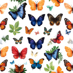 Fototapeta premium Vibrant Butterfly Seamless Pattern with Floral and Leaf Accents – Ideal for Textiles and Wallpapers