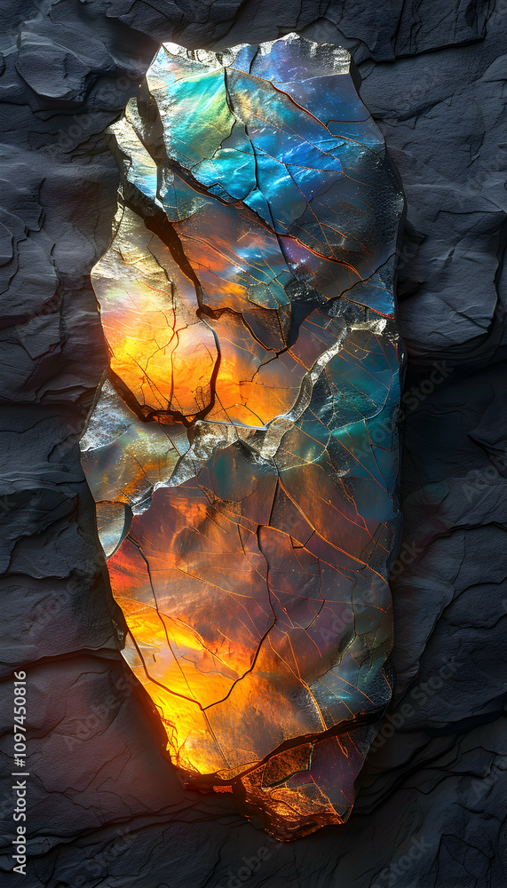 Aufkleber irridescent rock fragment embedded in dark stone, displaying vibrant colors and textures.