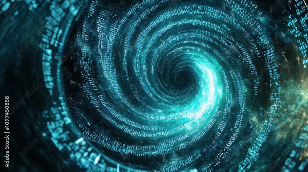 Poster abstract digital vortex teal code swirling into a black hole, futuristic data stream background