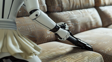 Futuristic AI Robot in a Housemaid Uniform Cleaning Couch Stains with a Handheld Device