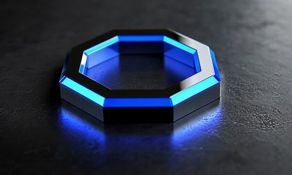 Octagon with blue neon light on dark surface.