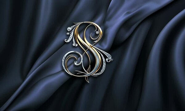 Ornate gold and blue letter S on dark fabric.