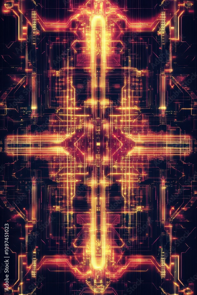 Poster abstract glowing circuit board pattern futuristic technology background with symmetrical orange and 
