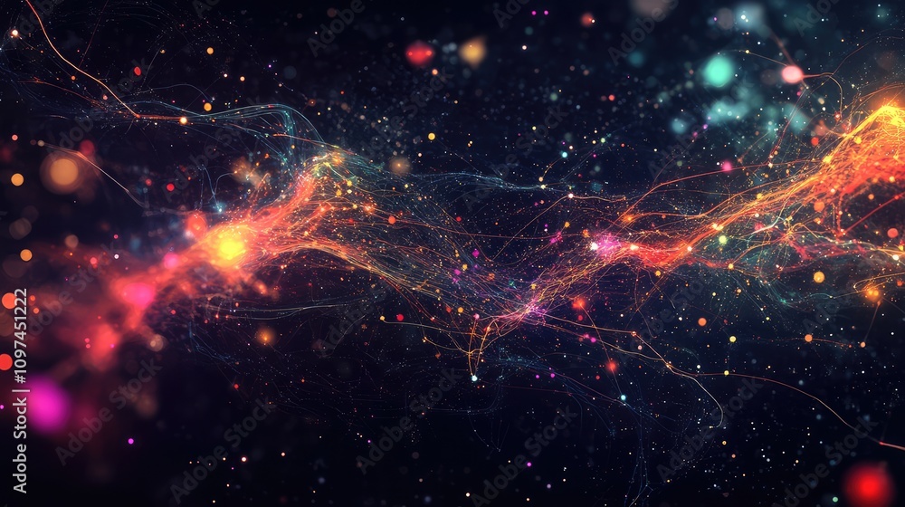 Poster vibrant flow of particles and lines illustrating complex data transfers, set on a dark background