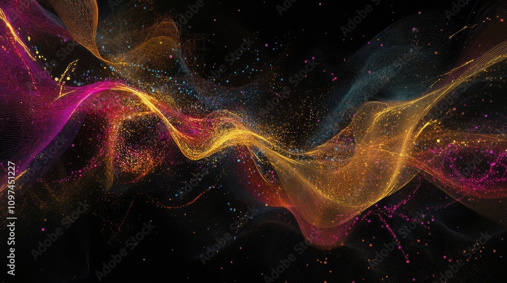 Poster vibrant flow of particles and lines illustrating complex data transfers, set on a dark background