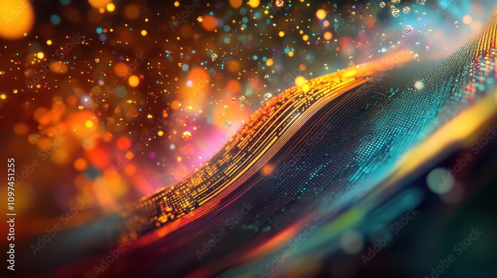 Poster abstract vibrant wave of data colorful digital background with glowing particles and bokeh lights