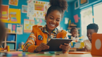 Joyful Teacher Engaging Students with Tablet in Colorful Classroom