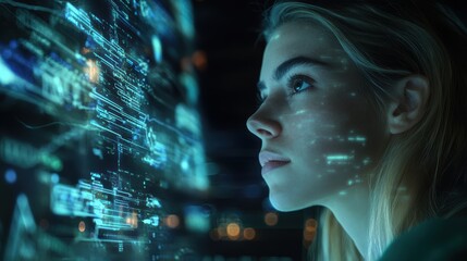 Young Woman Engaged with Futuristic Technology and Data Visualization