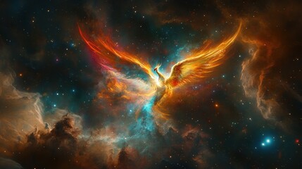 Fototapeta premium Fiery Phoenix Soaring Through a Cosmic Nebula Mystical Fantasy Artwork of a Rebirth Symbol in Space