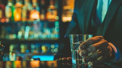 Obraz premium Man in suit holding glass of water, symbolizing sobriety and alcohol safety, amidst bar counter with empty alcohol bottles. 