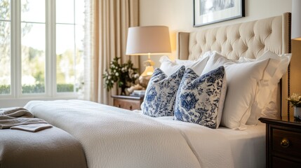 Luxurious Bedroom With White Bedding And Blue Pillows