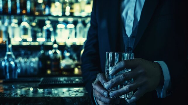 Man in suit holding glass of water, symbolizing sobriety and alcohol safety, amidst bar counter with empty alcohol bottles.	